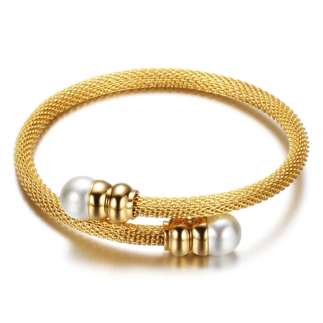 Stainless Steel Gold Mesh Bangle with Pearl