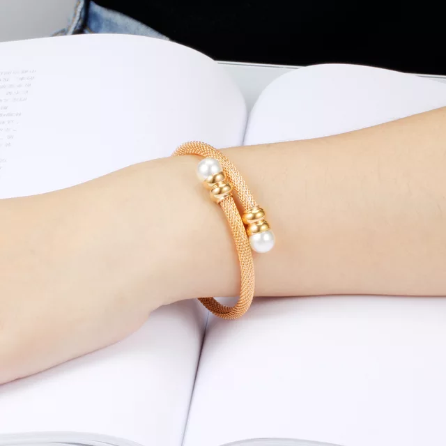 Stainless Steel Gold Mesh Bangle with Pearl